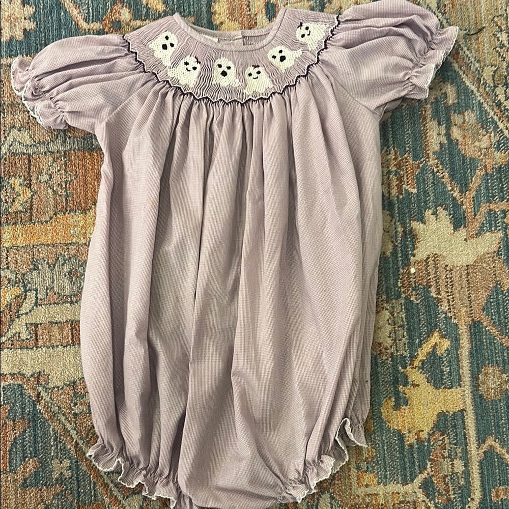 Smocked gingham Lavender Baby bubble with Ghost Embroidery